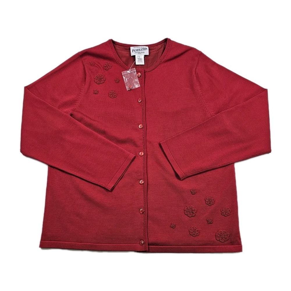 Pendleton Silk Blend Bead Floral Embroidered Red Lined Soft Cardigan Sweater